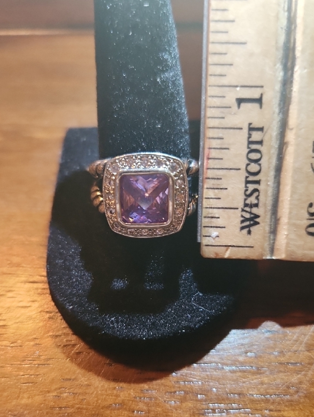NWOT Amethyst Colored Stone Silver Antique Finished Halo Ring W/ Cubic Zirconia - Picture 2 of 8